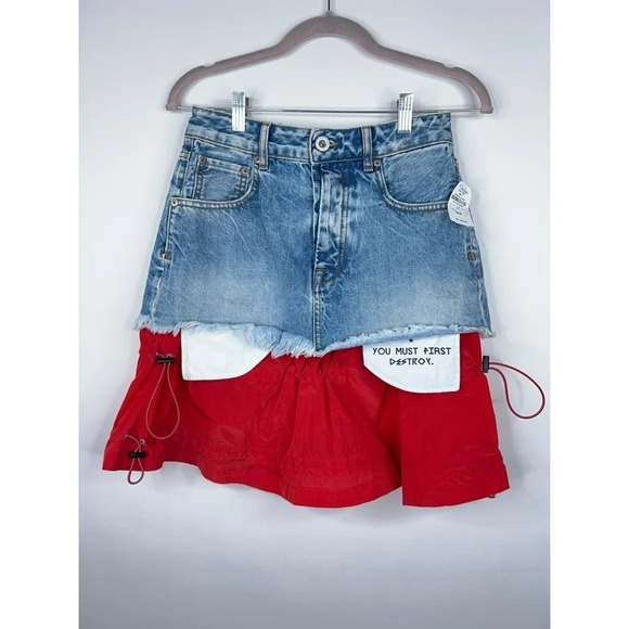 Ben Taverniti Unravel Project Deconstructed Denim Skirt Drawstring Red Layer New - Picture 1 of 9